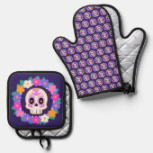 Bloemensuiker schedel ovenwant & pannenlap set (Voorkant / Achterkant)