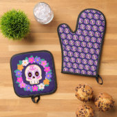 Bloemensuiker schedel ovenwant & pannenlap set (Top down)