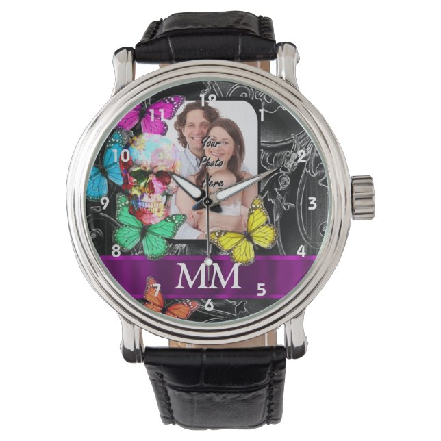 Bloemensuiker schedel, vlinders en monogram horloge (Voorkant)