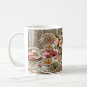 Bloementafel, theekopjes, trays macarons queen koffiemok