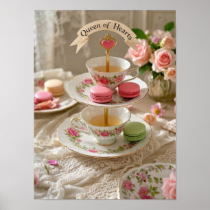 Bloementafel, theekopjes, trays macarons queen poster