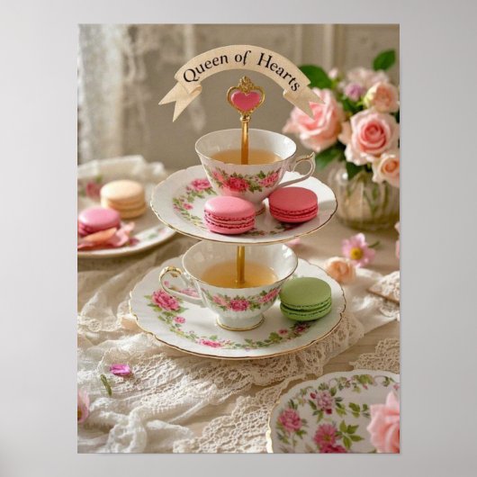 Bloementafel, theekopjes, trays macarons queen poster (Voorkant)