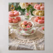 Bloementafel, theekopjes, trays macarons queen poster (Voorkant)