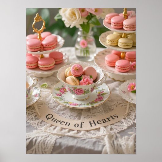 Bloementafel, theekopjes, trays macarons queen poster (Voorkant)