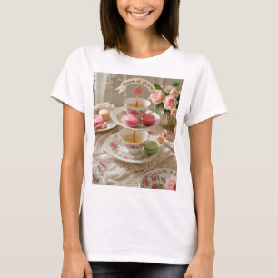 Bloementafel, theekopjes, trays macarons queen t-shirt