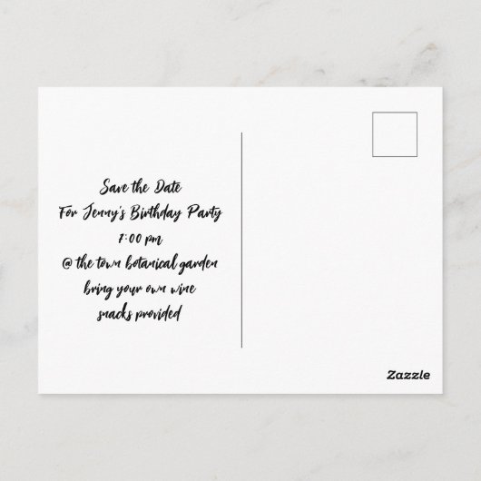 bloementeelt Birthday Party Save Date Briefkaart (Achterkant)