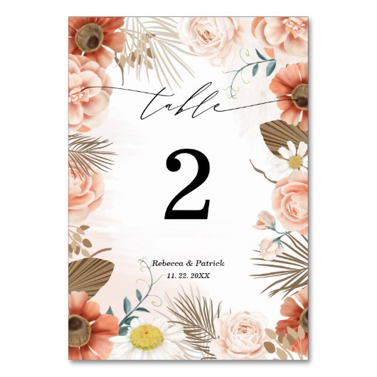 Bloementerracotta rustieke boho bruiloft tafel num kaart (Achterkant)