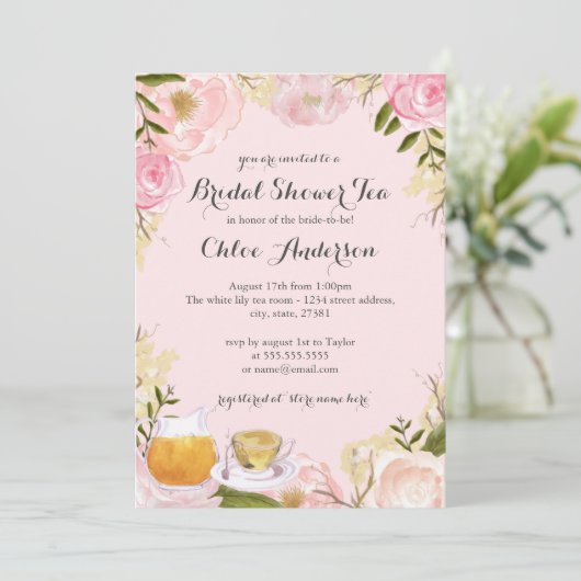 Bloementheekopje roze bruidsdouche uitnodiging (Staand voorkant)