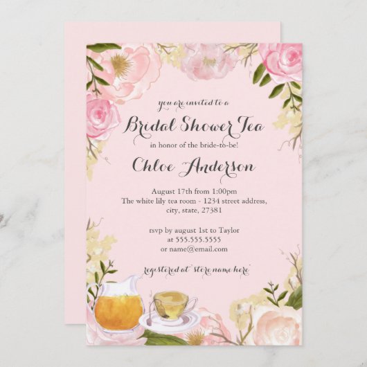 Bloementheekopje roze bruidsdouche uitnodiging (Voorkant / Achterkant)