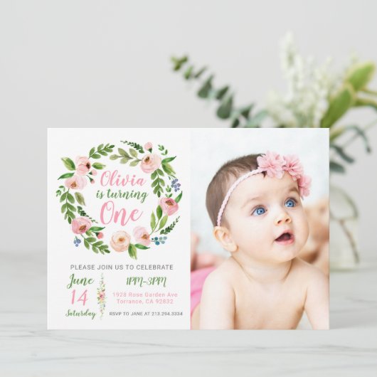 Bloementuin 1e verjaardag uitnodiging meisje foto (Staand voorkant)