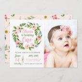 Bloementuin 1e verjaardag uitnodiging meisje foto (Voorkant / Achterkant)