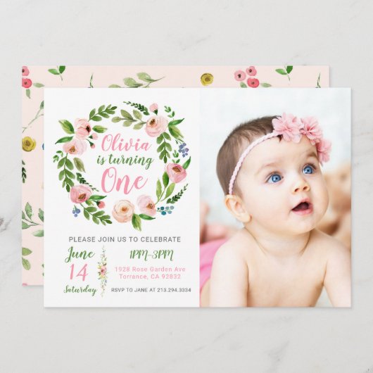 Bloementuin 1e verjaardag uitnodiging meisje foto (Voorkant / Achterkant)