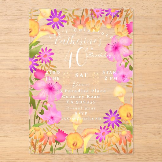 Bloementuin 40e verjaardag acryl uitnodigingen (Voorkant)