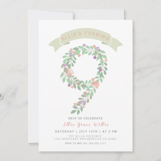 Bloementuin 9e verjaardagsfeestje uitnodigen kaart (Voorkant)