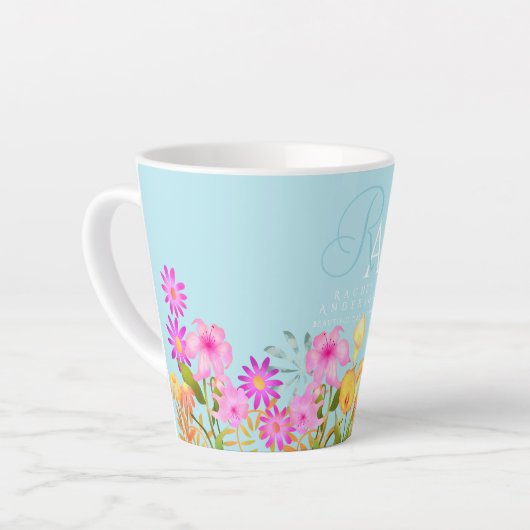 Bloementuin blauw monogram latte mok (Linkerhoek)