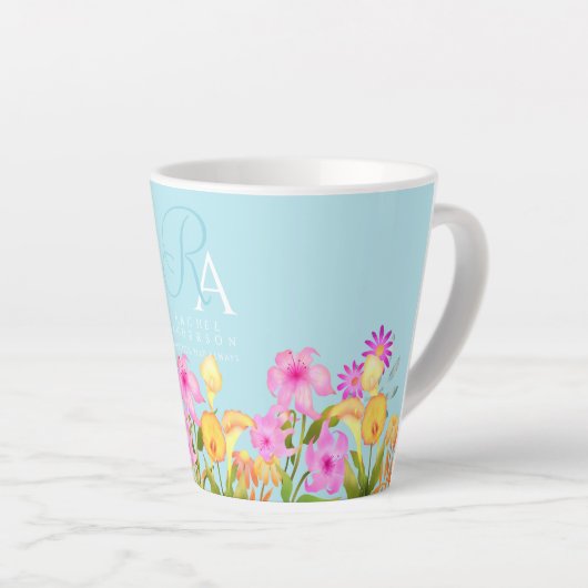 Bloementuin blauw monogram latte mok (Rechterhoek)