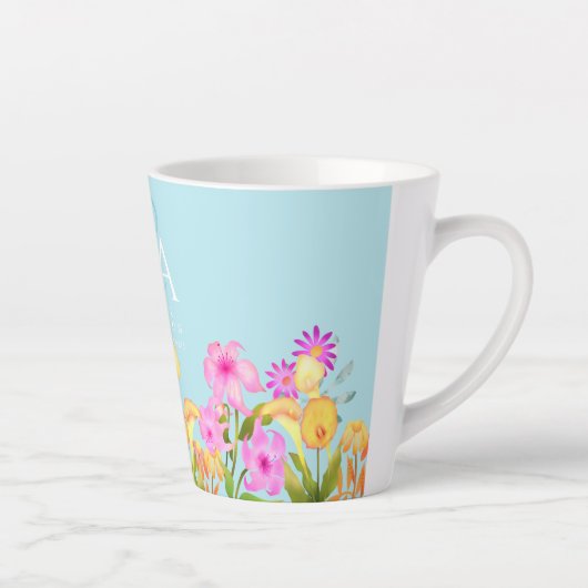 Bloementuin blauw monogram latte mok (Rechts)