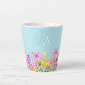 Bloementuin blauw monogram latte mok (Voorkant)