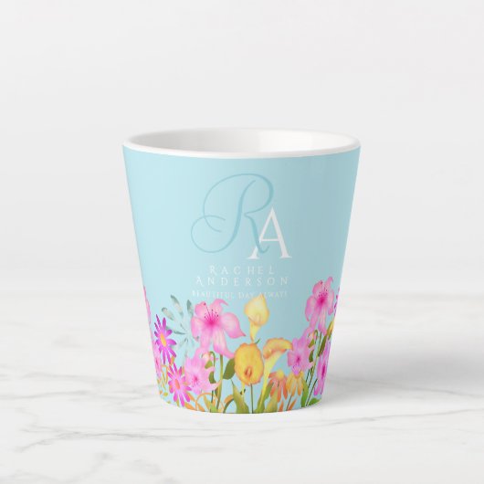 Bloementuin blauw monogram latte mok (Voorkant)
