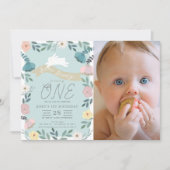 Bloementuin Blauw Wit Bunny Foto 1e verjaardag Kaart (Voorkant)