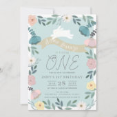 Bloementuin Blauw Wit Bunny Meisje 1e verjaardag Kaart (Voorkant)