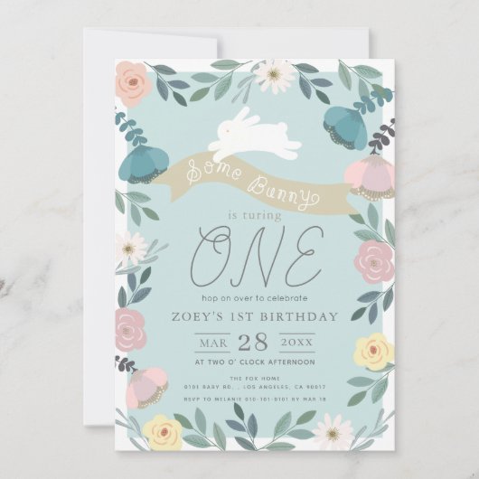 Bloementuin Blauw Wit Bunny Meisje 1e verjaardag Kaart (Voorkant)