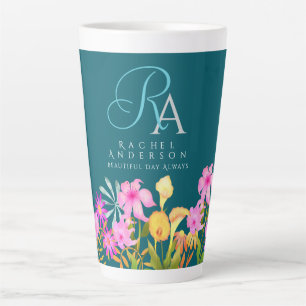 Bloementuin Blauwgroen monogram Latte Mok
