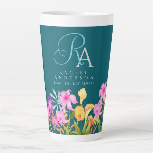 Bloementuin Blauwgroen monogram Latte Mok (Voorkant)