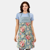 Bloementuin Bloemen Blauwe Monogram Naam Schort (Gedragen)