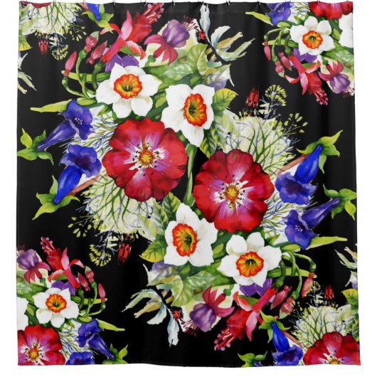 Bloementuin Bloemen Narcissus Bladgroen Rood Douchegordijn (Voorkant)