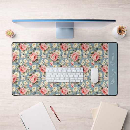 Bloementuin Bloemen Stof Blauw Monogram Naam Bureaumat (Kantoor 1)