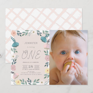 Bloementuin Blush Roze GIrl Foto 1e verjaardag Kaart