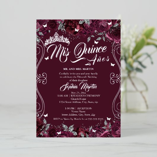 Bloementuin Bourgogne Mis Quince Quinceanera Folie Uitnodiging (Staand Voorkant)