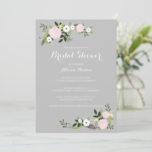 Bloementuin bruids douche uitnodiging - grijs (Staand voorkant)