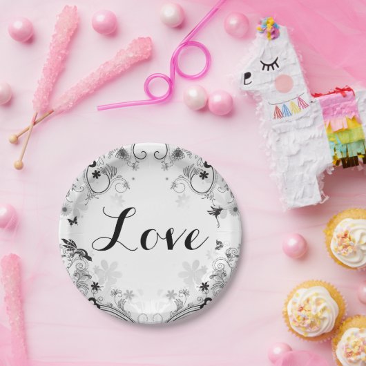 bloementuin en vogels - Zwart, wit Papieren Bordje (Feest)