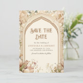 Bloementuin indiase paleis bruiloft foto save the date (Staand voorkant)