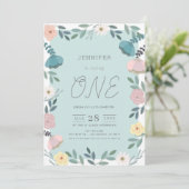 Bloementuin Lichtblauw Meisje 1e Verjaardag Kaart (Staand voorkant)