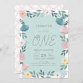 Bloementuin Lichtblauw Meisje 1e Verjaardag Kaart (Voorkant / Achterkant)