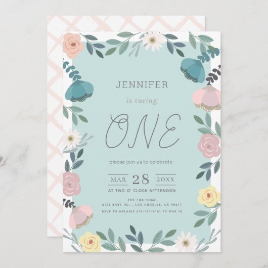 Bloementuin Lichtblauw Meisje 1e Verjaardag Kaart (Voorkant / Achterkant)