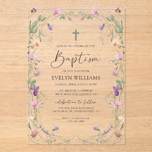 Bloementuin Meisje Doop en Doop Acryl Uitnodigingen (Voorkant)