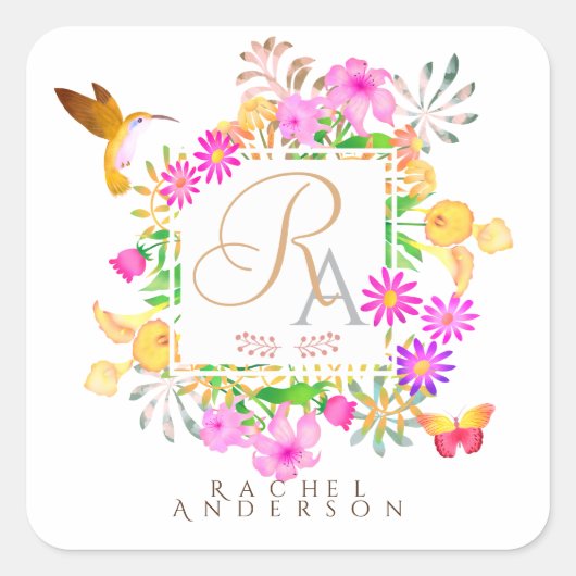 Bloementuin Monogram Vierkante Sticker (Voorkant)