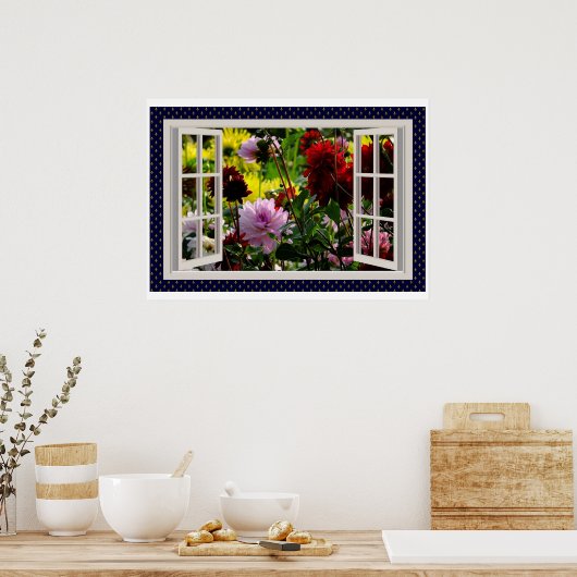Bloementuin, Open Raam, Dahlias Poster (Keuken)