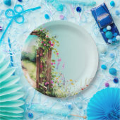 Bloementuin poort licht blauwgroen wilde bloemen papieren bordje (Feest)