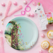 Bloementuin poort licht blauwgroen wilde bloemen papieren bordje (Feest)