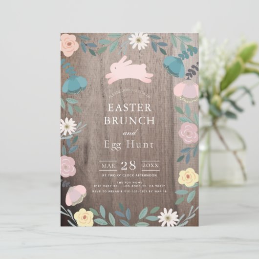 Bloementuin Roze Bunny Hout Paasbrunch Kaart (Staand voorkant)