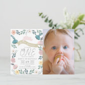 Bloementuin Roze Bunny Meisje Foto 1e verjaardag Kaart (Staand voorkant)