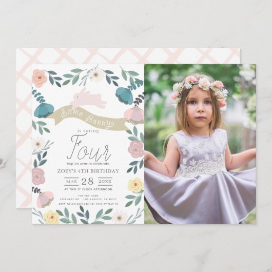 Bloementuin Roze Bunny Meisje Foto Verjaardag Kaart (Voorkant / Achterkant)