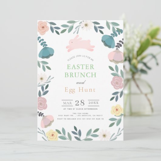 Bloementuin Roze Bunny Witte Paasbrunch Kaart (Staand voorkant)