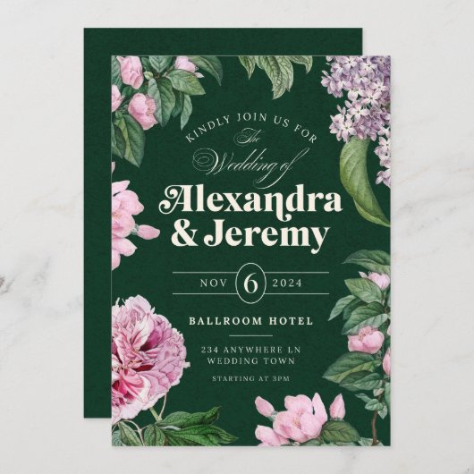 Bloementuin roze & groen bruiloft uitnodiging (Voorkant / Achterkant)