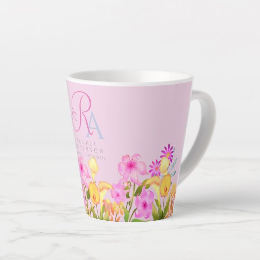 Bloementuin roze monogram latte mok (Rechterhoek)
